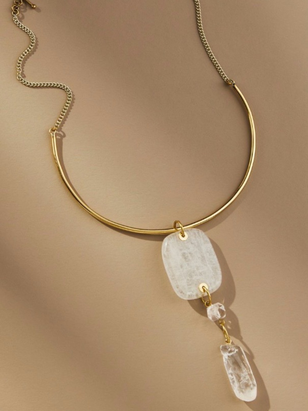 Brass Necklace with Quartz Crystal Stone Pendent